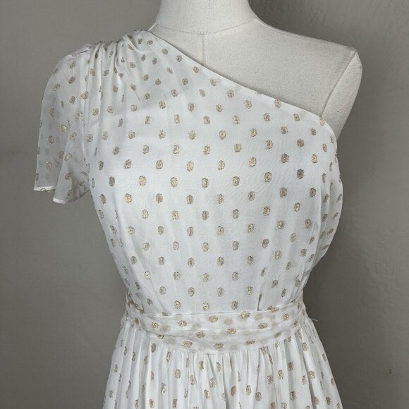 Lulus Shining Sight White Metallic Gold Polka Dot One-Shoulder Midi Dress Medium - Picture 2 of 14